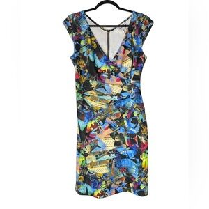 Joseph Ribkoff Dress Size 10 Abstract Pleated Multicolor V-Neck Mini Career
